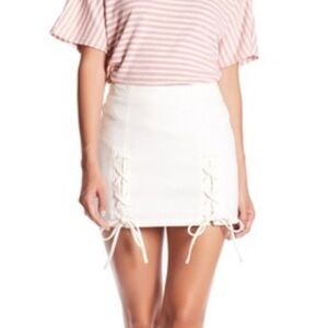 Honey Punch White High-Waisted Denim Mini Skirt w/ Two Front Ties